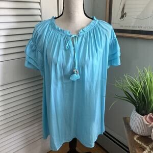 ROSE + OLIVE Blouse Womens 3X Blue Tasseled Tunic Ruffle Bohemian Peasant